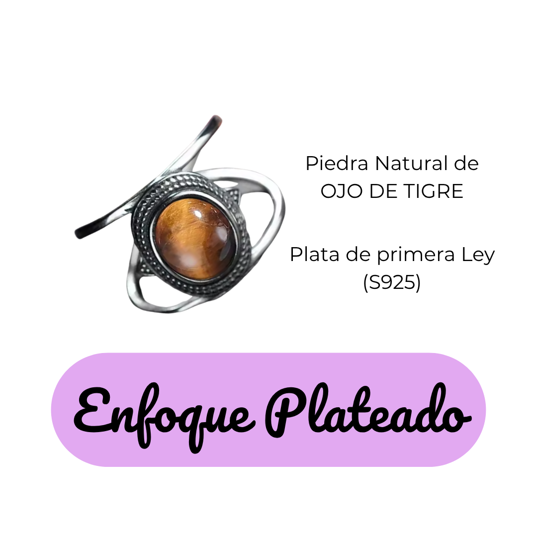 Anillo Ojo de Tigre Oval - Enfoque Plateado - Plata de Ley