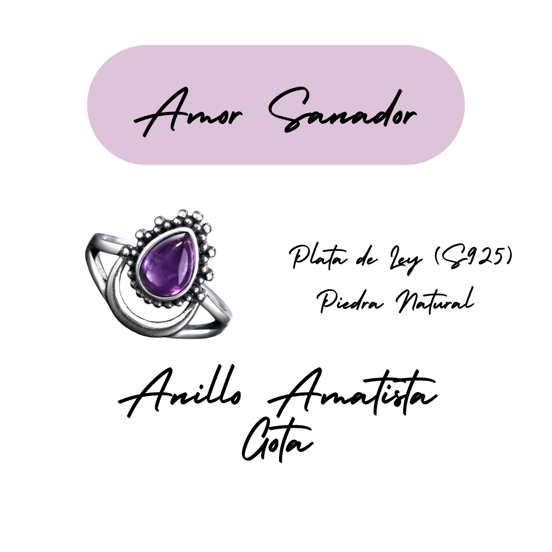 Anillo Amatista Gota - Amor Sanador - Plata de Ley