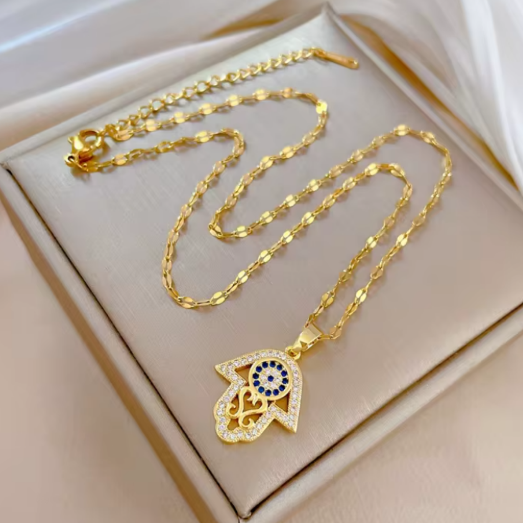 Colgante de Acero Inoxidable con Ojo Turco y Mano de Fátima