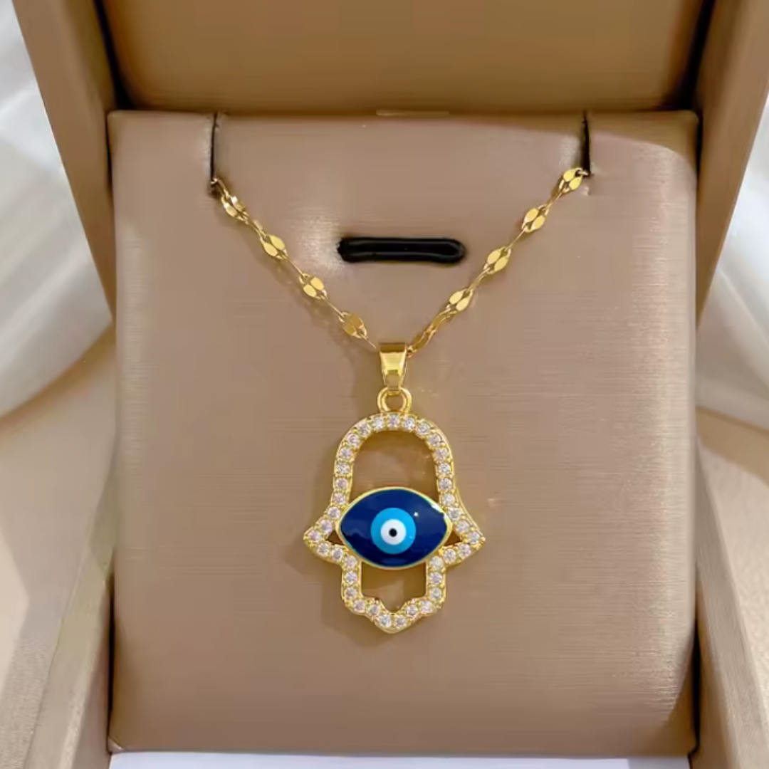 Colgante de Acero Inoxidable con Ojo Turco y Mano de Fátima
