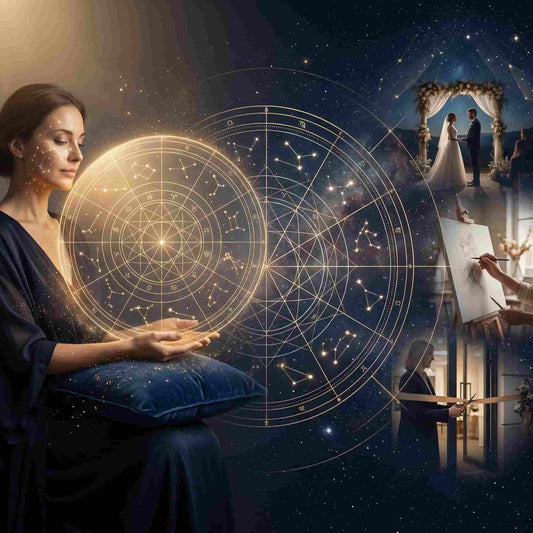 Mujer sosteniendo en su mano una rueda astrológica y a la derecha imágenes de momentos importantes en su vida