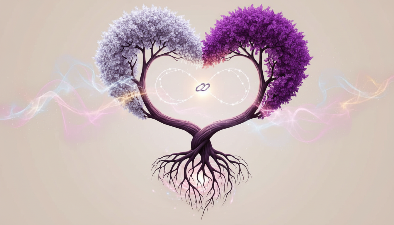 Unión de dos árboles en forma de corazón, y un símbolo del infinito en el centro. La representación mística más hermosa para el amor eterno.