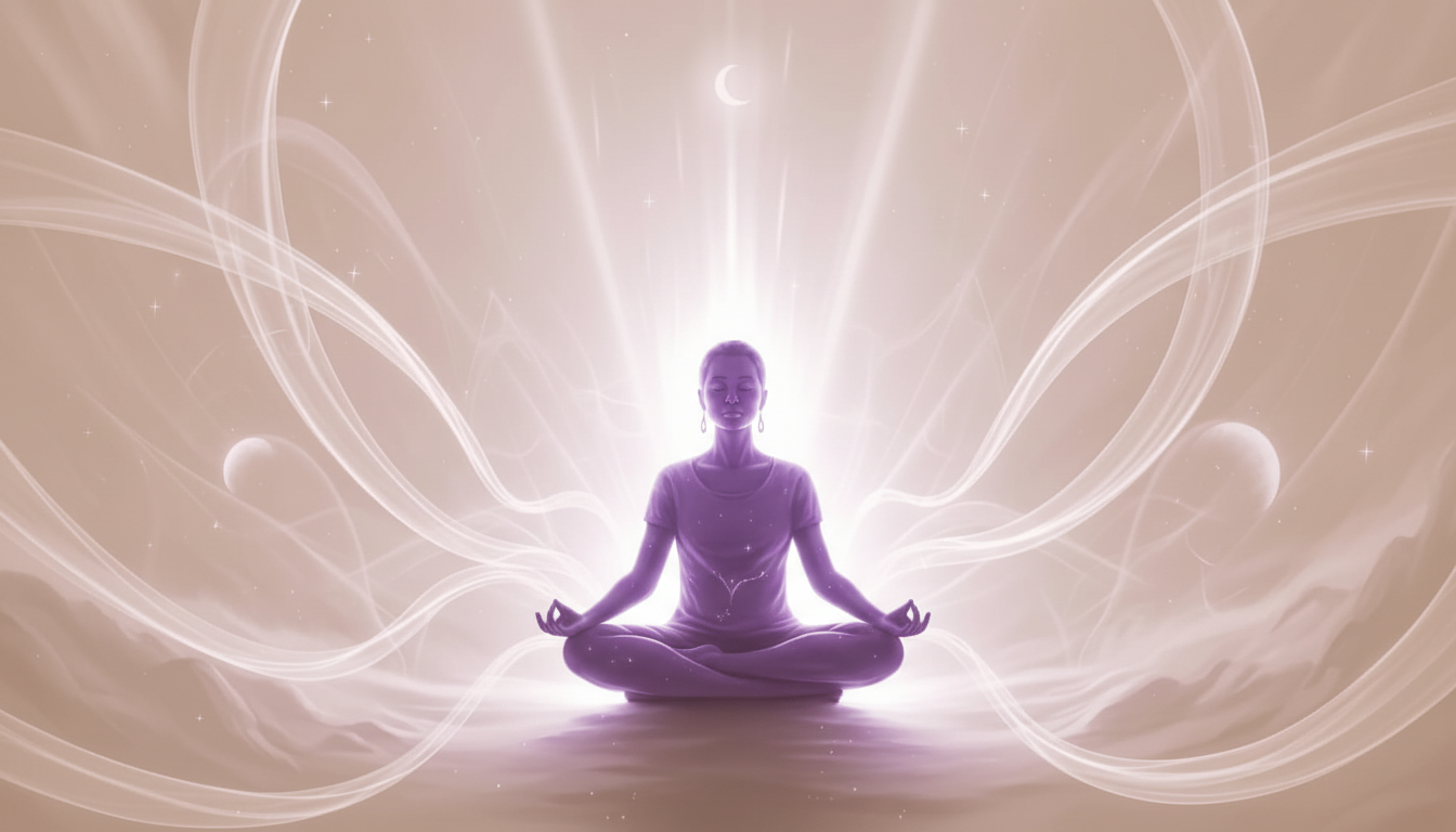 Representación del a Armonía y Calma interior, con una persona en posición de meditación y quietud, en un entorno místico.