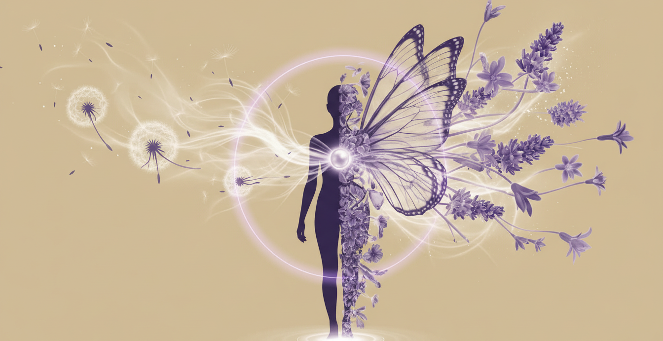 Representación de la Evolución y Transformación Personal, mediante una imagen mitad humana mitad mariposa, en un entorno místico.