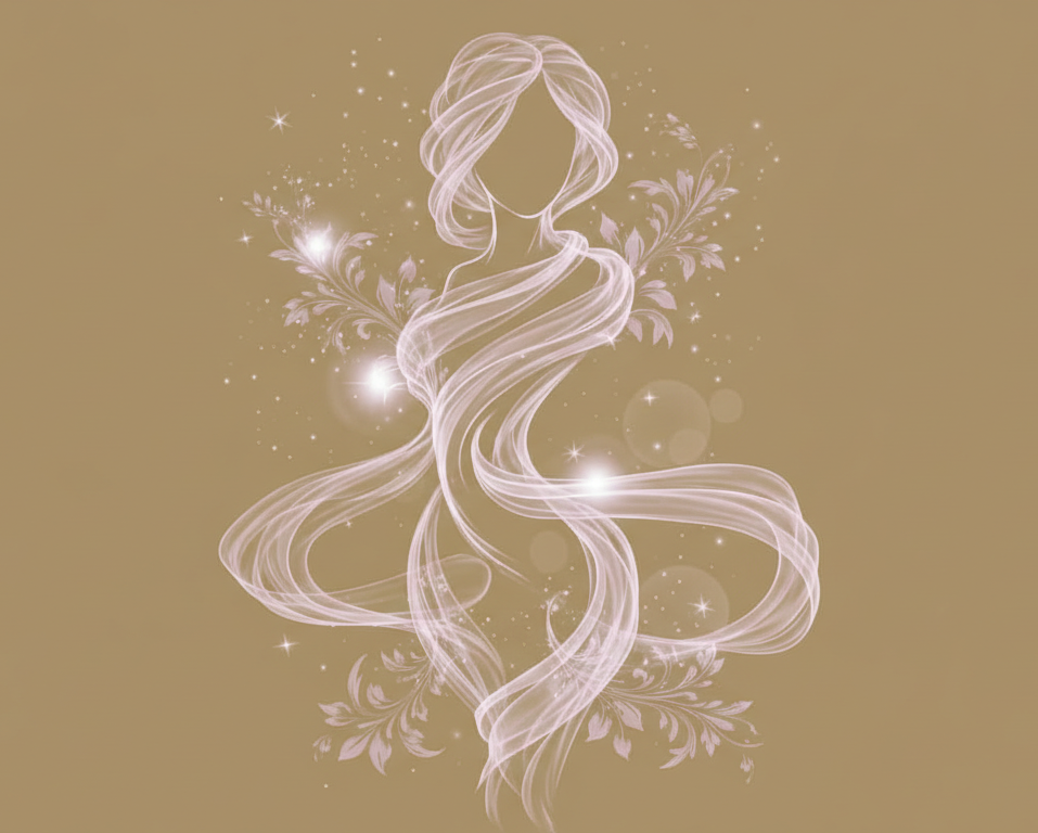 Representación de Femenino y Fertilidad mediante la silueta de una mujer envuelta en energía, con un fondo místico.