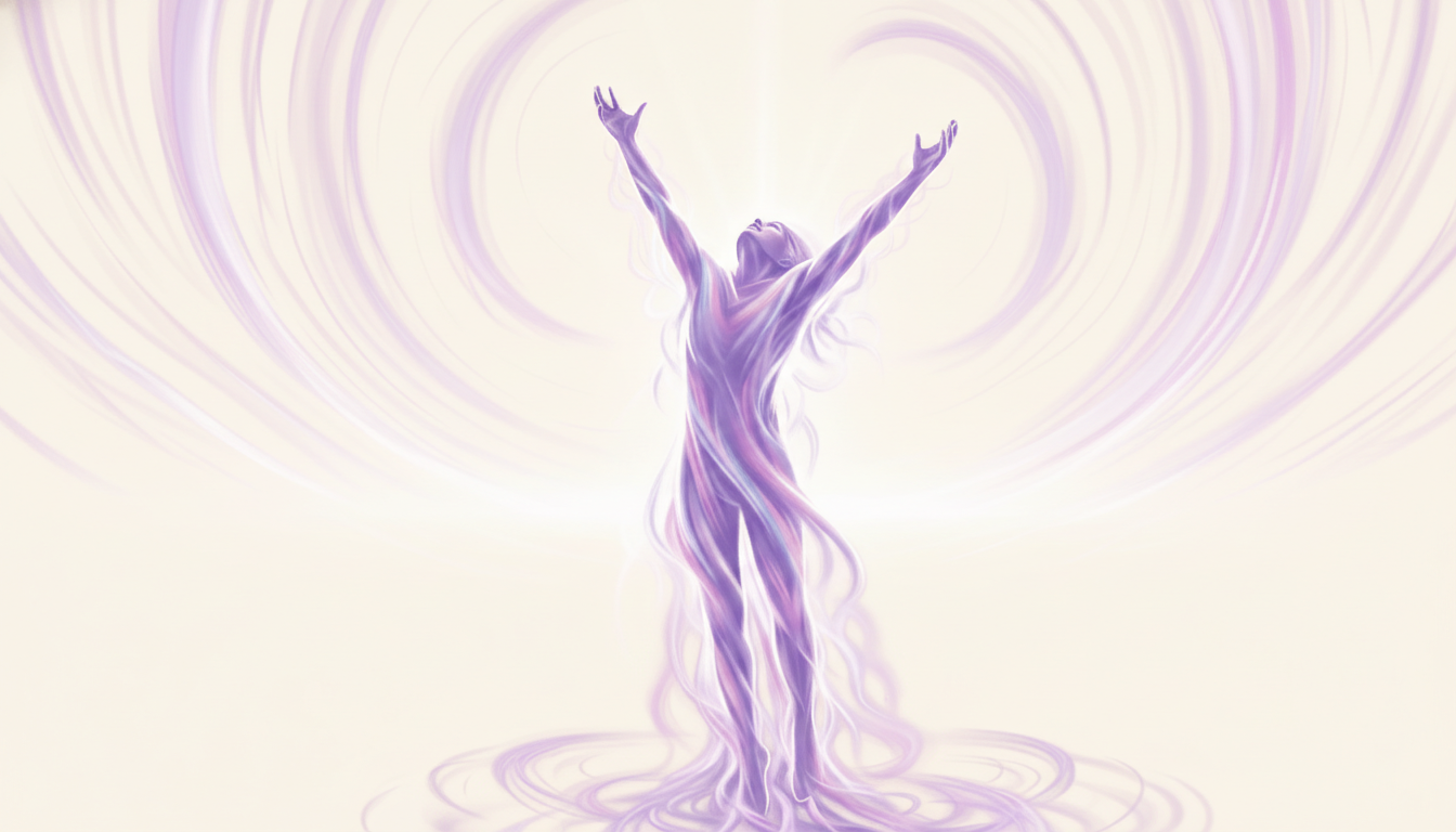 Representación del Optimismo, como una silueta de un hombre con los brazos hacia el cielo rodeado de energía positiva. En un fondo místico.