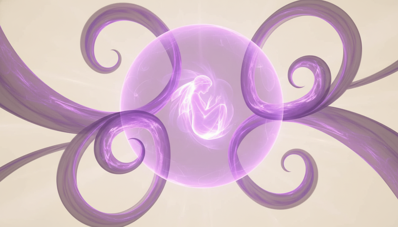 Representación de la Protección, como una mujer en posición fetal dentro de una burbuja mística