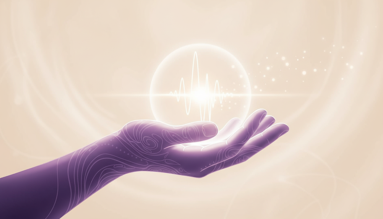 Representación de la Sanación como una mano sosteniendo en una burbuja una vida, en fondo místico.