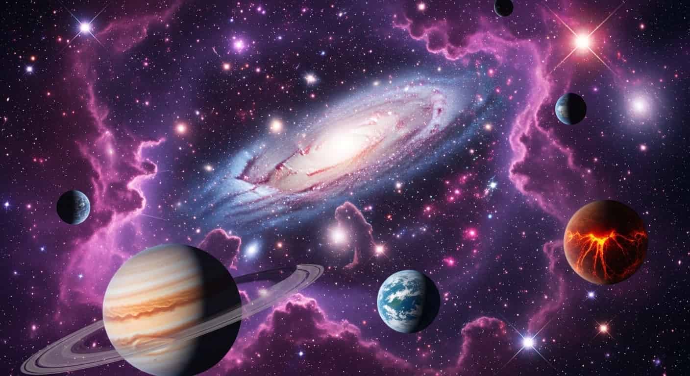 Cielo estrellado y planetas, representando el Universo y el Zodiaco.