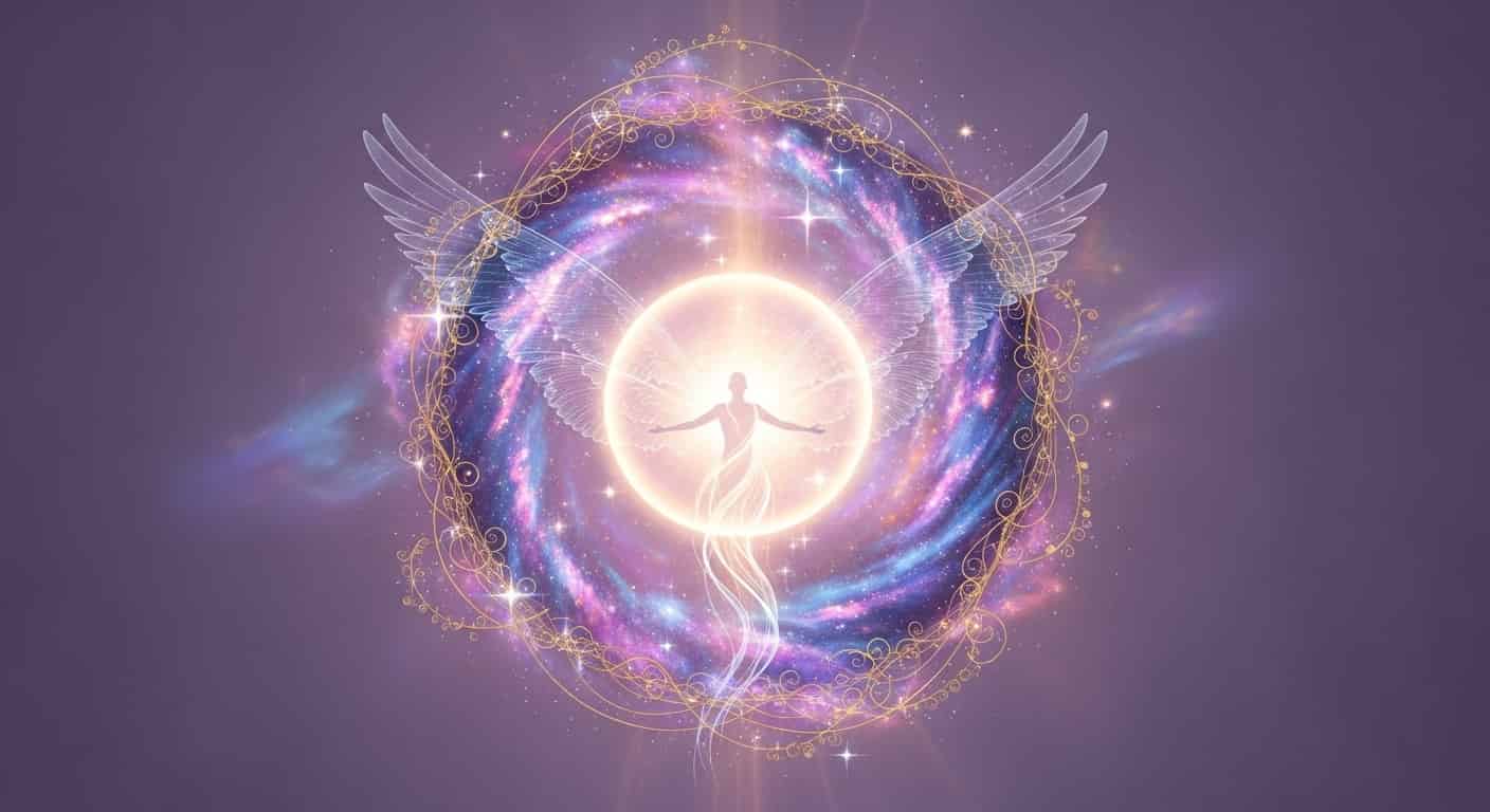 Representación mística de la autoestima, con un hombre en el centro de un gran círculo de luz y unas alas transparentes que le hacen volar.