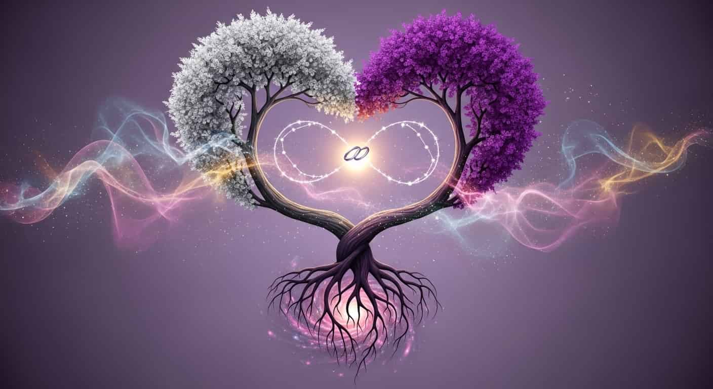 Unión de dos árboles en forma de corazón, y un símbolo del infinito en el centro. La representación mística más hermosa para el amor eterno.
