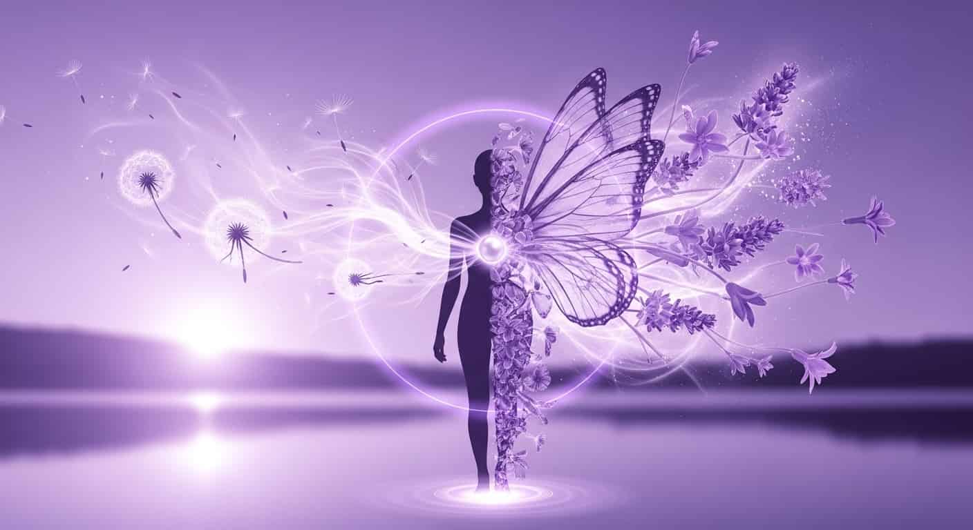 Representación de la Evolución y Transformación Personal, mediante una imagen mitad humana mitad mariposa, en un entorno místico.