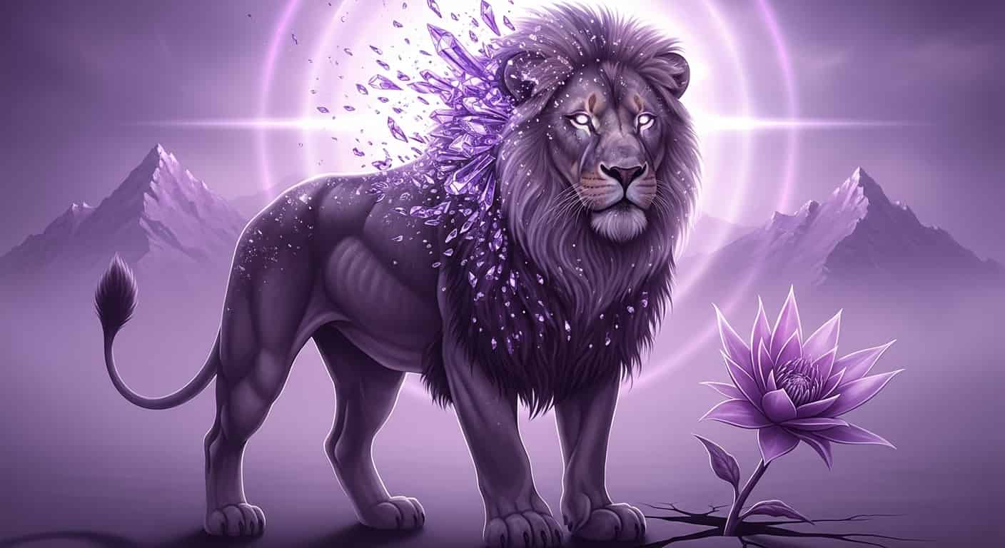 Representación visual de Fuerza y Determinación mediante un león grande y fuerte en un entorno místico.