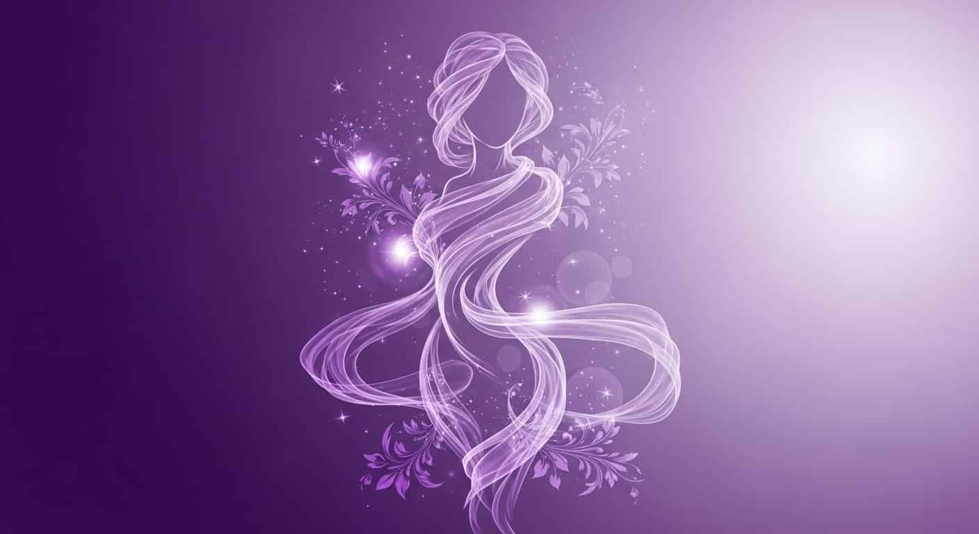 Representación de Femenino y Fertilidad mediante la silueta de una mujer envuelta en energía, con un fondo místico.