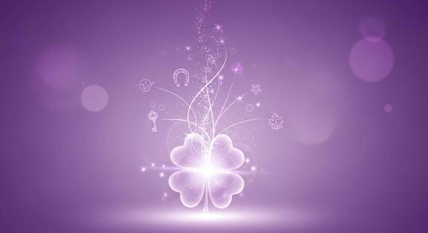 Representación de la Buena Suerte, mediante un trébol de cuatro hojas semitransparente y luminoso en un fondo místico.