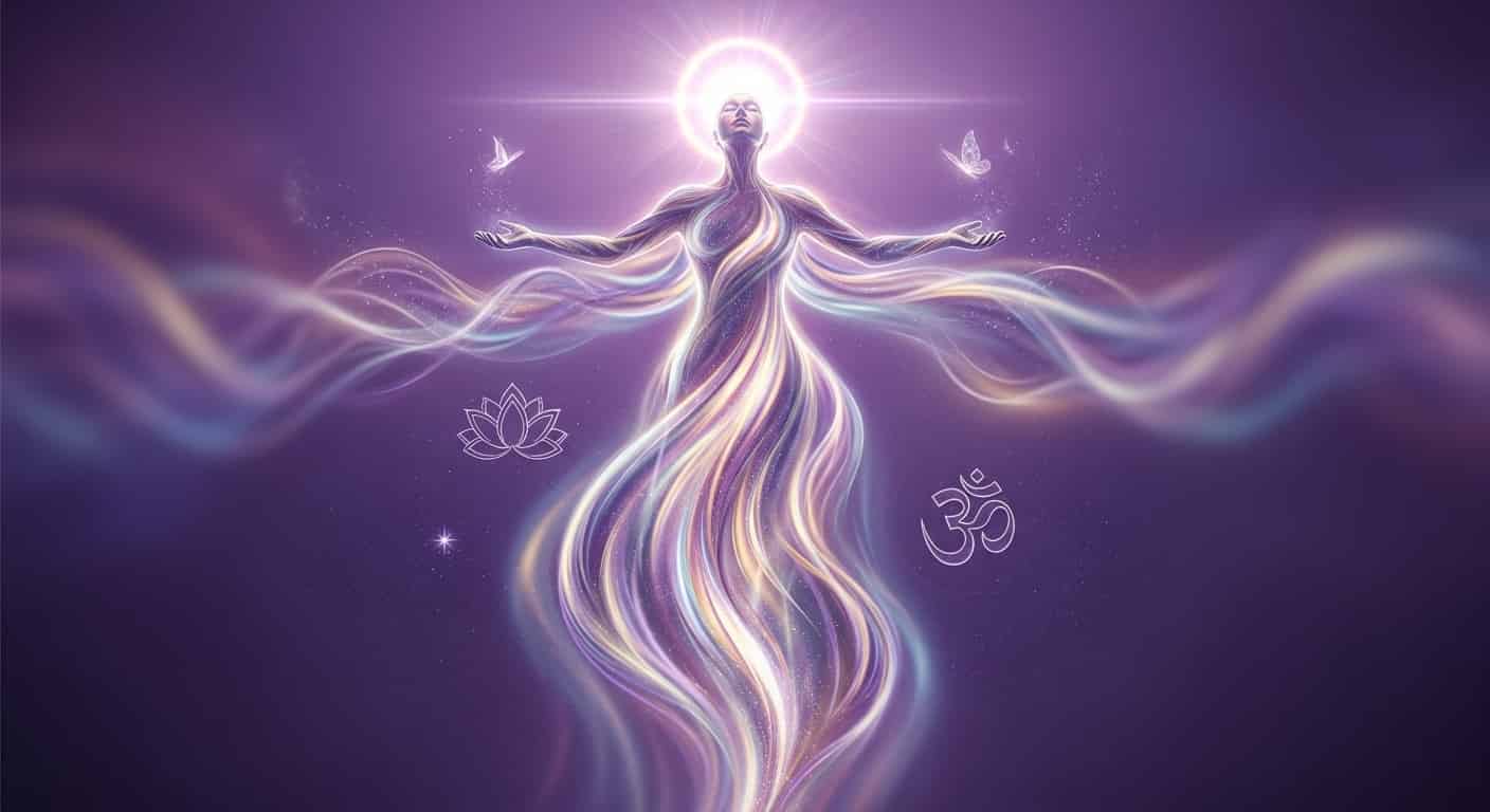 Representación de la Espiritualidad, como una mujer flotando desprendiendo energía y luz, en fondo místico