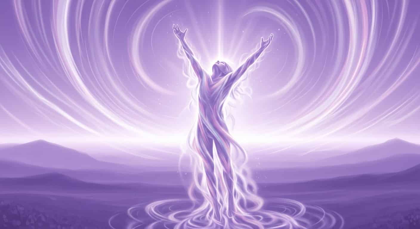 Representación del Optimismo, como una silueta de un hombre con los brazos hacia el cielo rodeado de energía positiva. En un fondo místico.