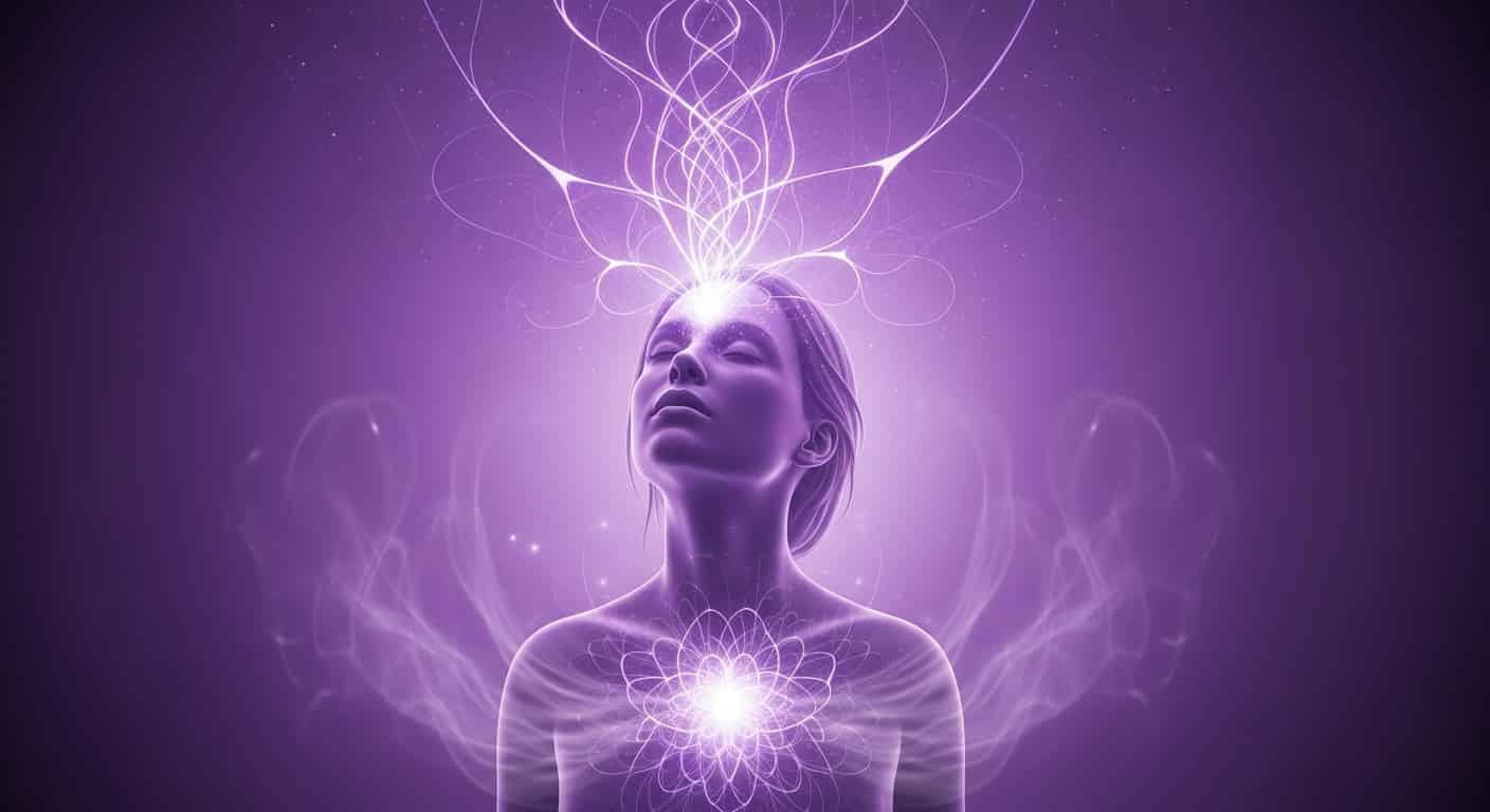 Representación de la Claridad Mental, mediante una mujer de la que surge luz y rayos de su mente, en un entorno místico.