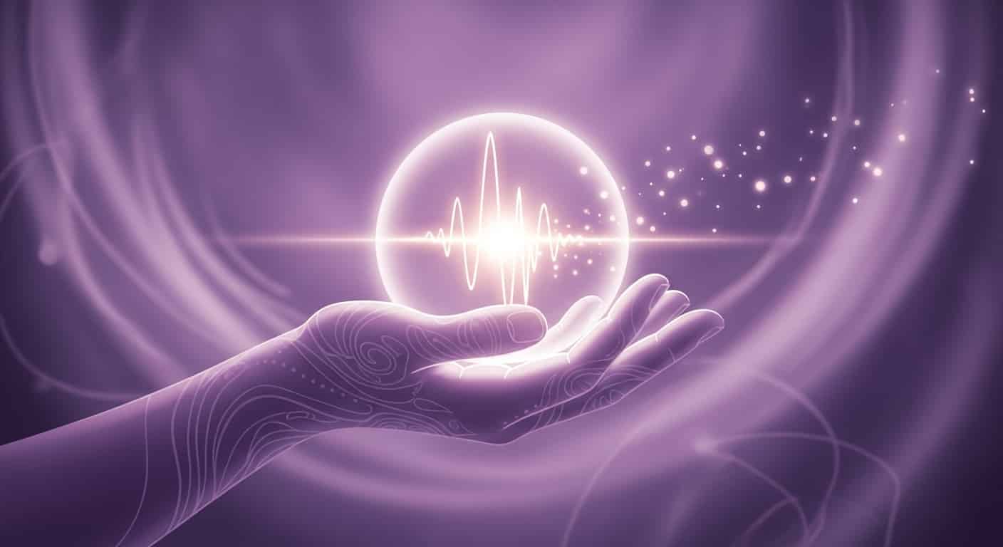 Representación de la Sanación como una mano sosteniendo en una burbuja una vida, en fondo místico.