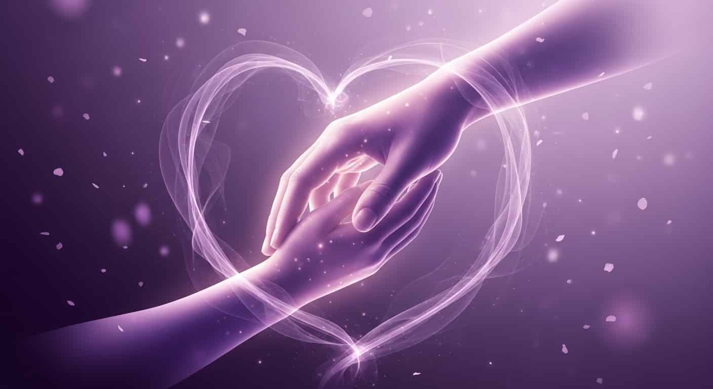 Representación visual de la Empatía Profunda, como unas manos que se tocan dentro de una energía en forma de corazón, con un fondo místico.