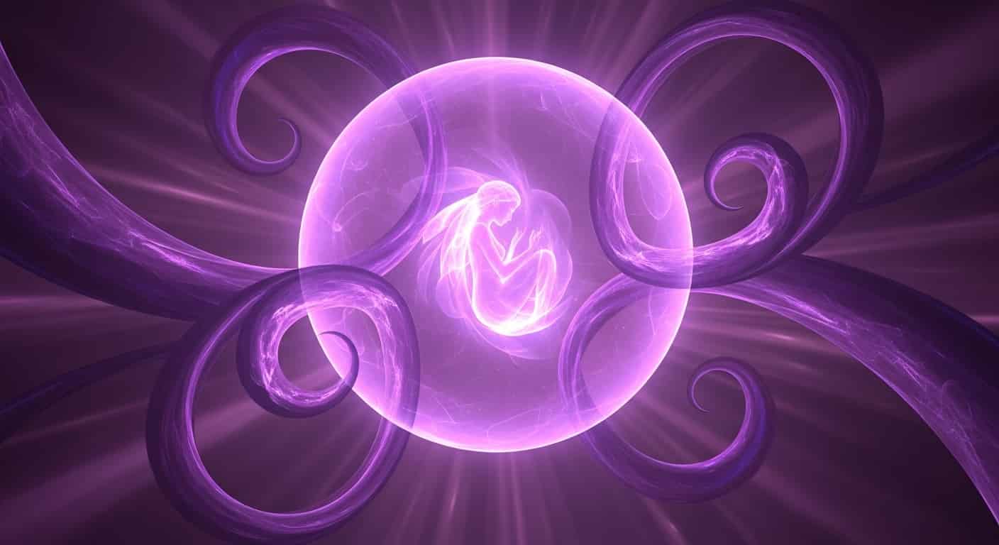 Representación de la Protección, como una mujer en posición fetal dentro de una burbuja mística