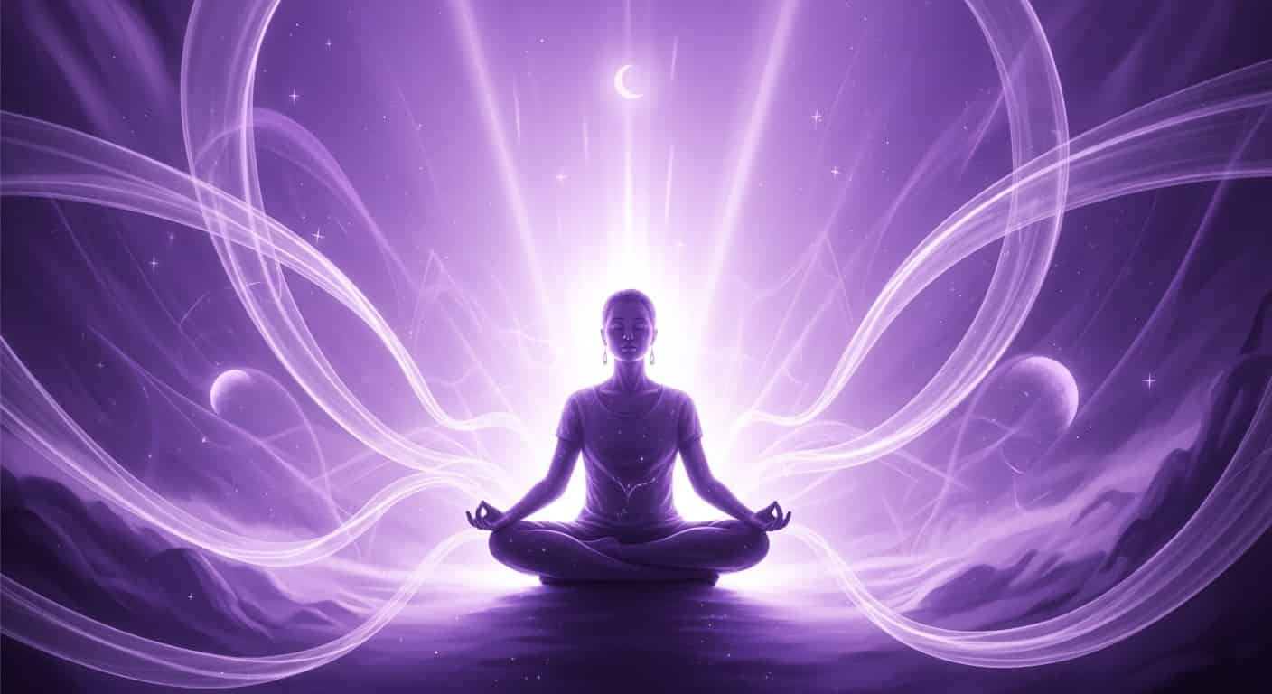 Representación del a Armonía y Calma interior, con una persona en posición de meditación y quietud, en un entorno místico.