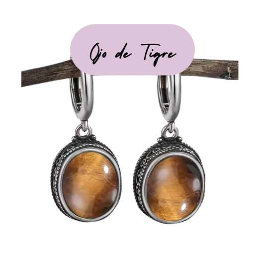 Pendientes largos de Plata - Piedra Natural Ojo de Tigre