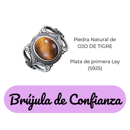 Anillo Ojo de Tigre Oval - Brújula de Confianza - Plata de Ley