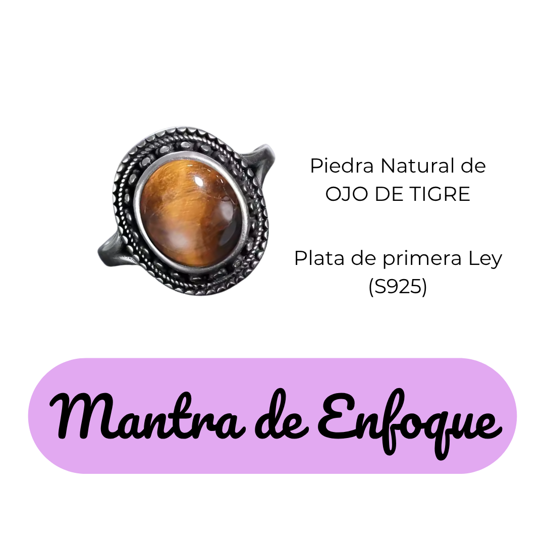 Anillo Ojo de Tigre Oval - Mantra de Enfoque - Plata de Ley