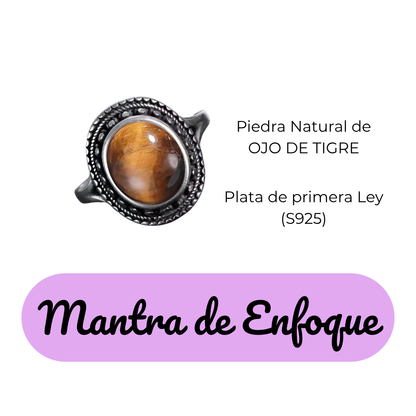 Anillo Ojo de Tigre Oval - Mantra de Enfoque - Plata de Ley