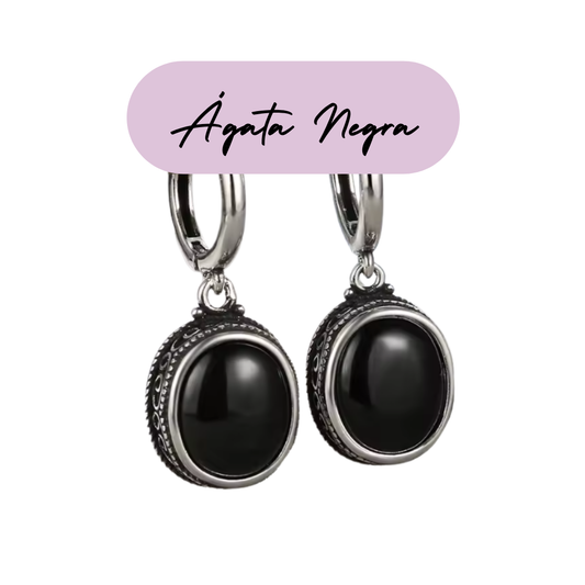 Pendientes largos de Plata - Piedra Natural Ágata Negra