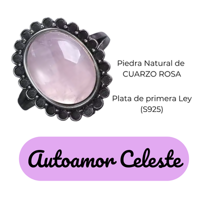 Anillo Cuarzo Rosa Oval - Autoamor Celeste - Plata de Ley