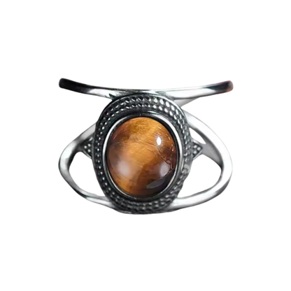 Anillo Ojo de Tigre Oval - Enfoque Plateado - Plata de Ley