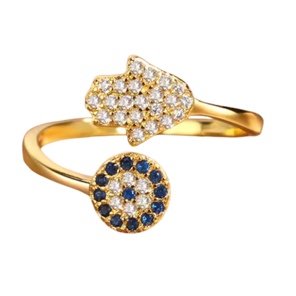 Anillo de Acero Inoxidable con Ojo Turco y Mano de Fátima