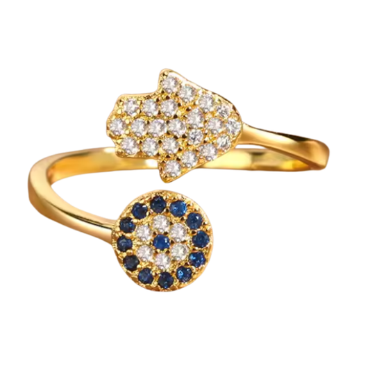 Anillo de Acero Inoxidable con Ojo Turco y Mano de Fátima