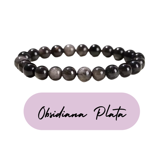 Pulsera de cuentas - Piedras Naturales Obsidiana Plata