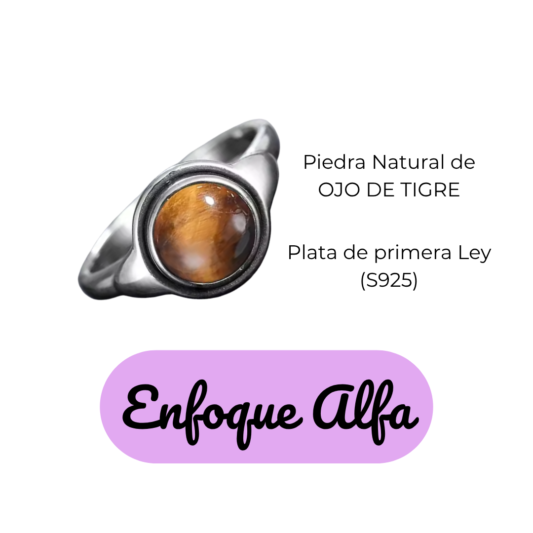 Anillo Ojo de Tigre Redondo - Enfoque Alfa - Plata de Ley
