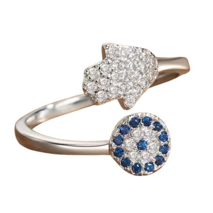 Anillo de Acero Inoxidable con Ojo Turco y Mano de Fátima