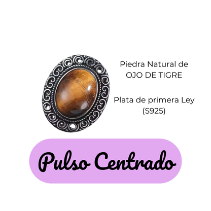 Anillo Ojo de Tigre Oval - Pulso Centrado - Plata de Ley