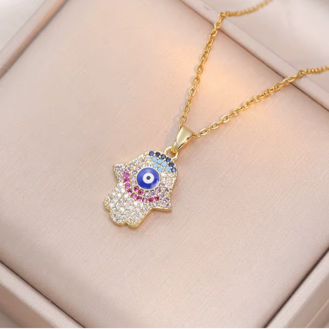 Colgante de Acero Inoxidable con Ojo Turco y Mano de Fátima