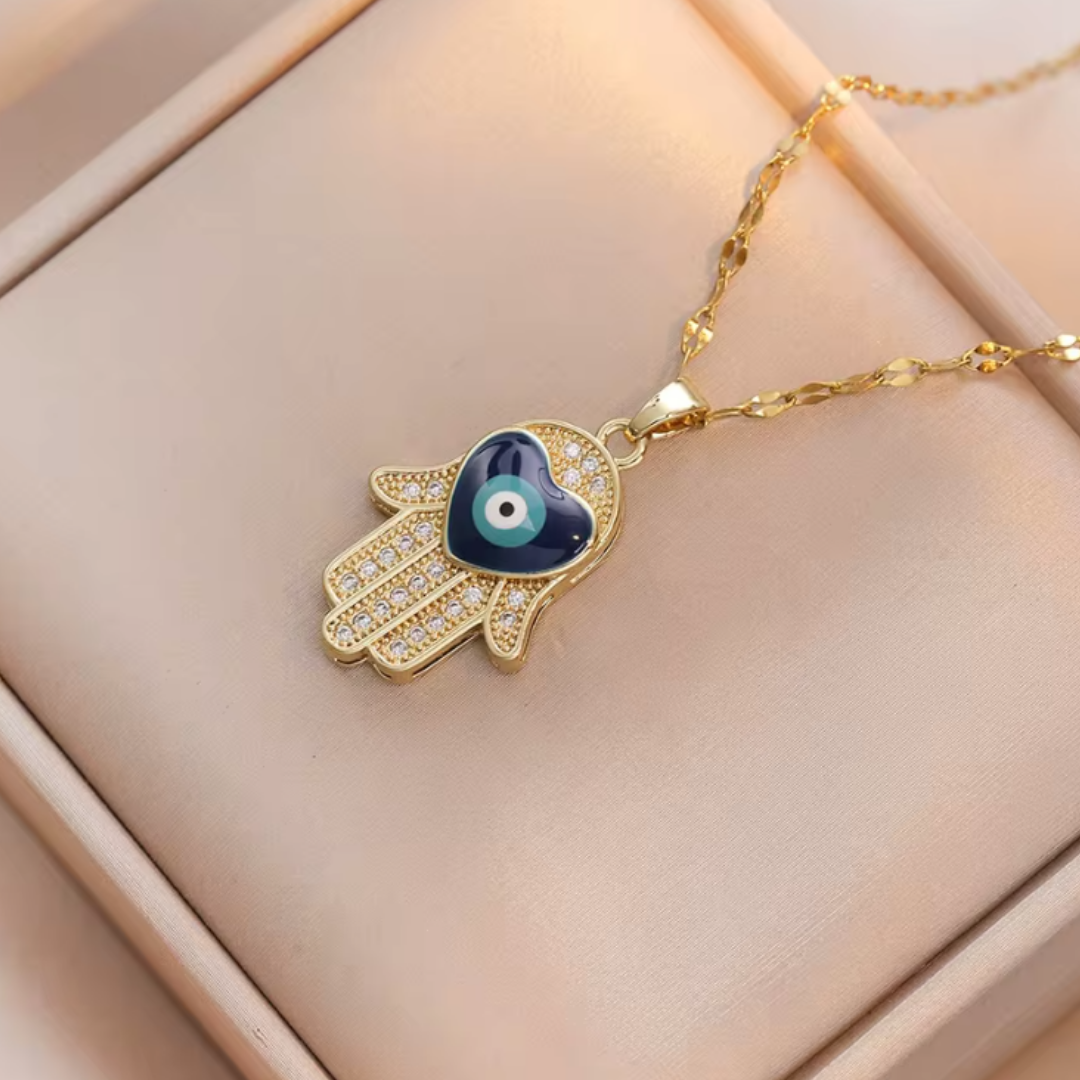 Colgante de Acero Inoxidable con Ojo Turco y Mano de Fátima