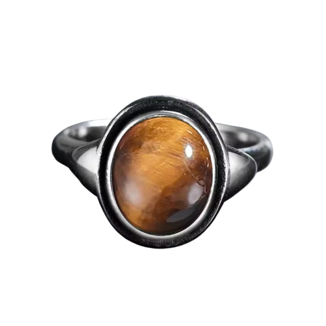 Anillo Ojo de Tigre Oval - Runa de Enfoque - Plata de Ley