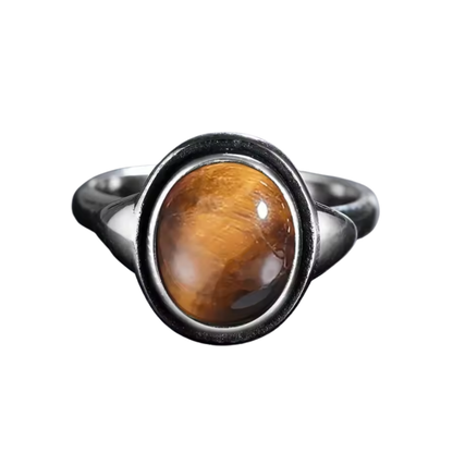 Anillo Ojo de Tigre Oval - Runa de Enfoque - Plata de Ley