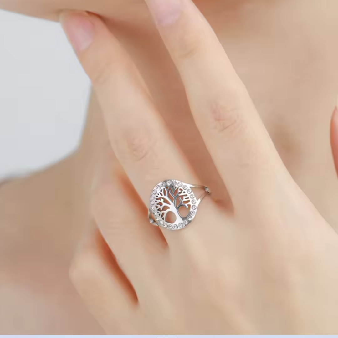 Anillo de Acero Inoxidable con Árbol de la Vida y Zirconitas