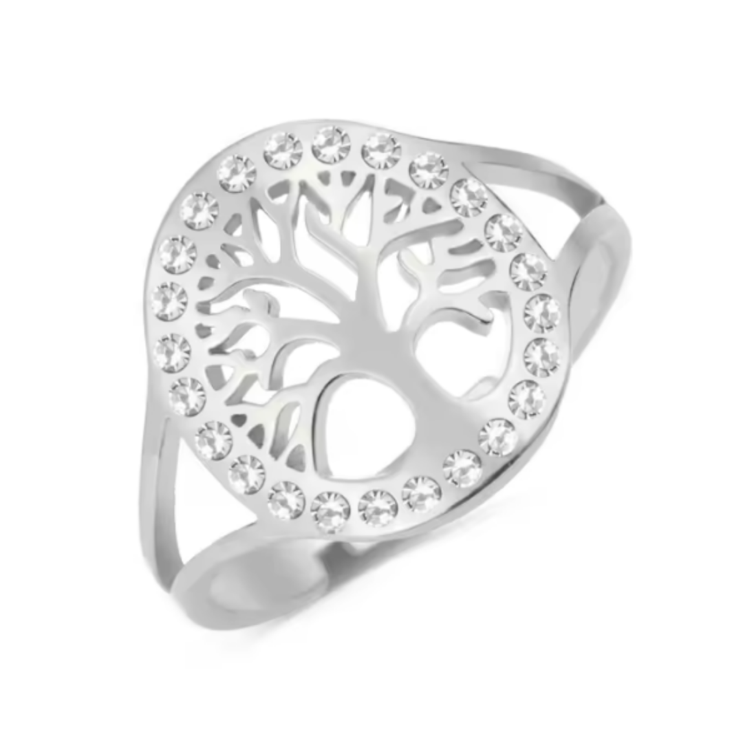 Anillo de Acero Inoxidable con Árbol de la Vida y Zirconitas