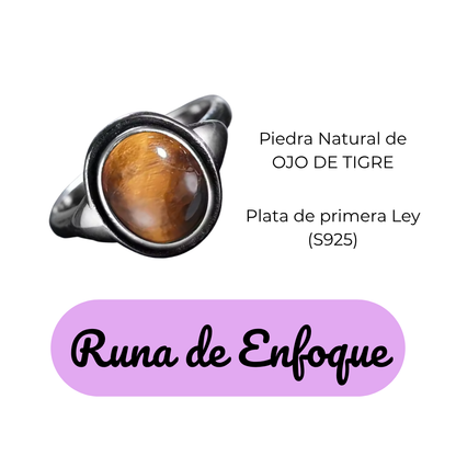 Anillo Ojo de Tigre Oval - Runa de Enfoque - Plata de Ley