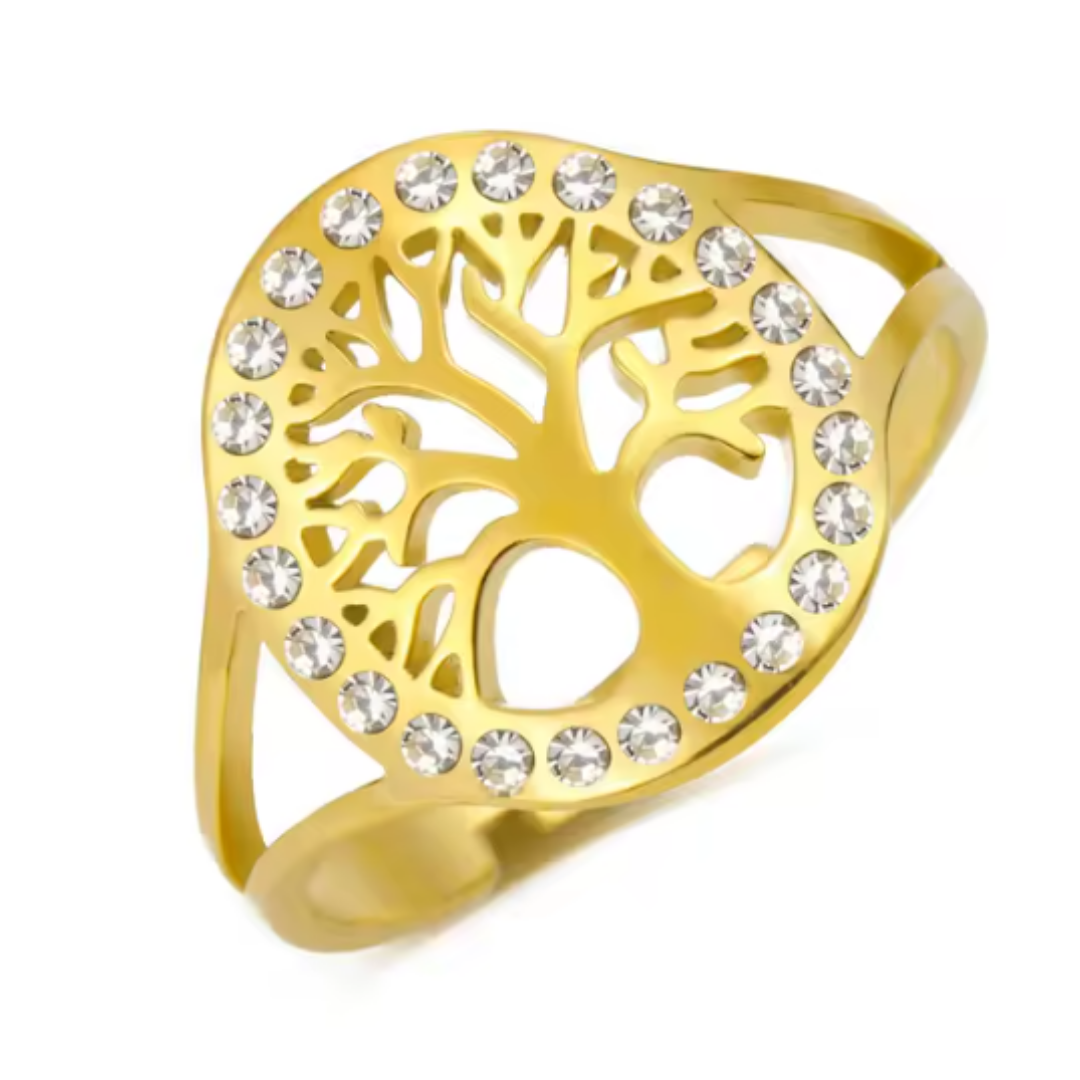 Anillo de Acero Inoxidable con Árbol de la Vida y Zirconitas