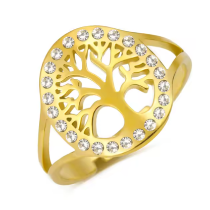 Anillo de Acero Inoxidable con Árbol de la Vida y Zirconitas